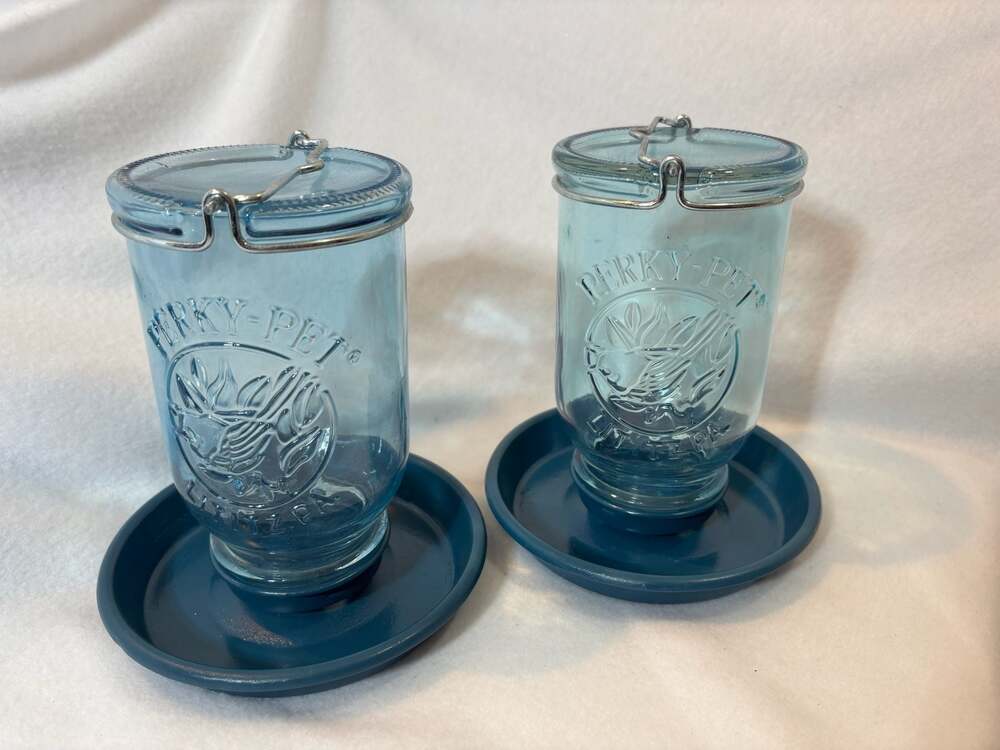 One of a kind Set of 2 Vintage Perky-Pet Blue on Blue Glass Hummingbird Feeders